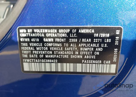 2016 Volkswagen Passat 1.8T Sel/1.8T Sel Premium из США, поврежденный, VIN 1VWCT7A31GC069422